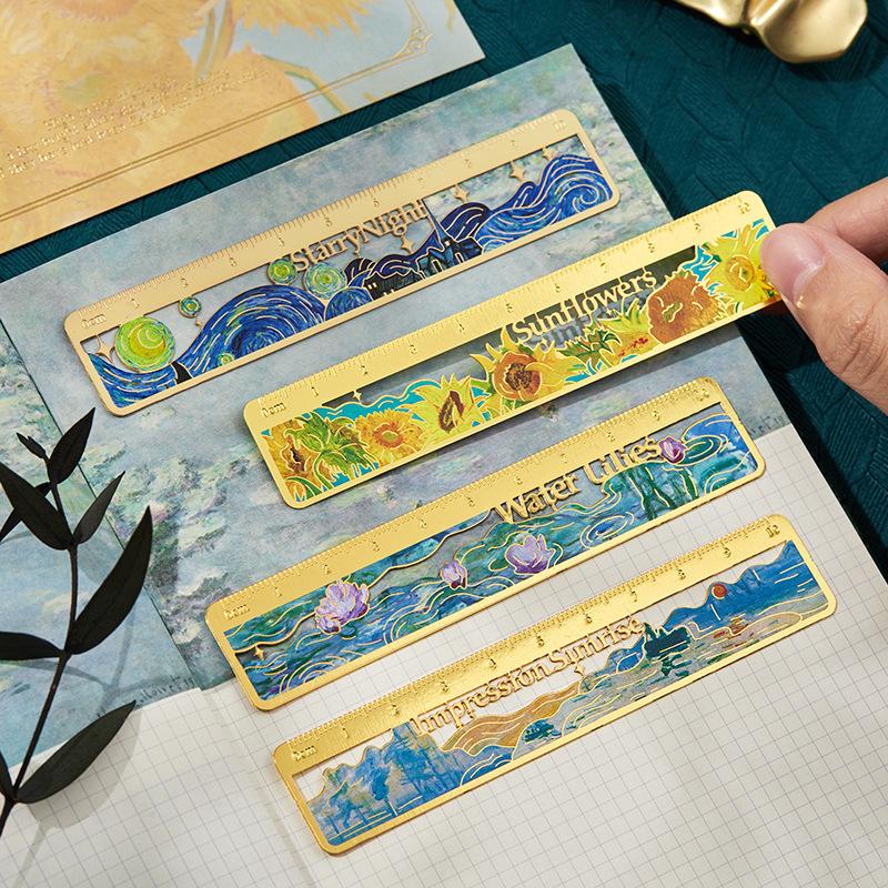 1 pcs Creative Oil Painting Bookmarks Floral Mountains Landscape Bookmarks for Kids metal Scrapbook Ruler Cute Student Supplies