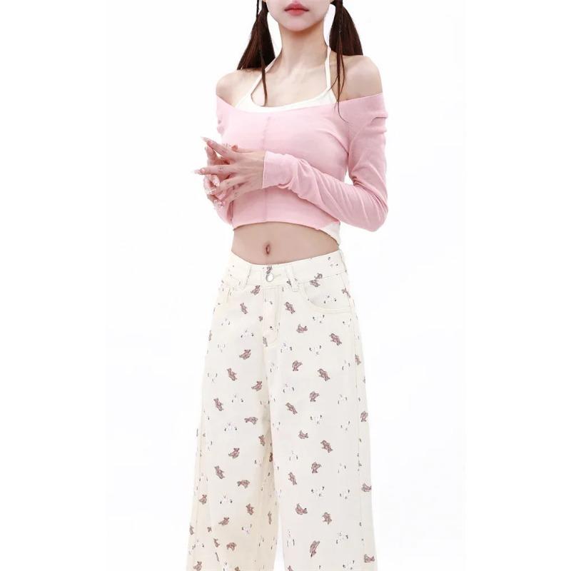 Women's Vintage White Jeans Harajuku Y2k 90s Aesthetic Denim Pants Streetwear Straight Cowboy Trousers 2000s Trashy Clothes