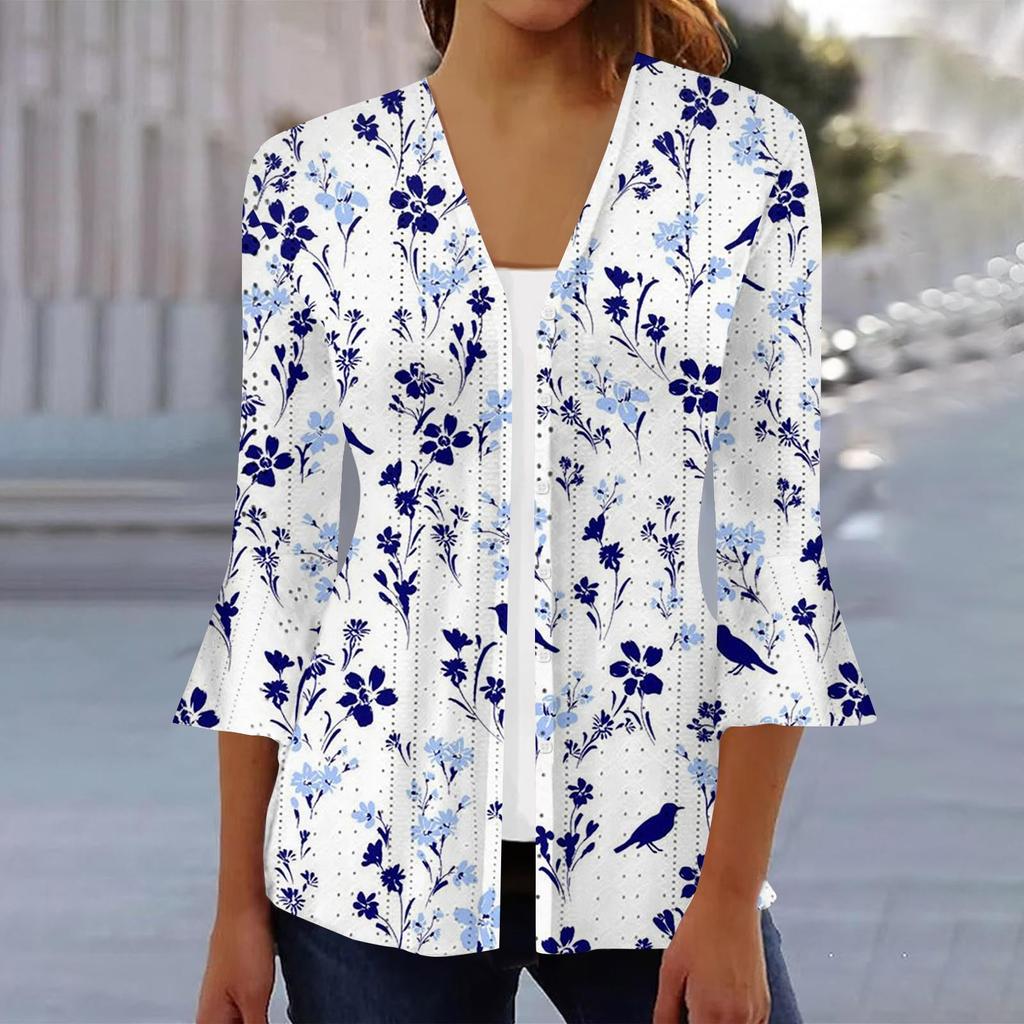 Women's Fashion Loose Casual Printed Three-quarter Sleeve Button Shirt Cardigan Top