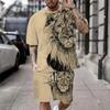 Plus Size 3D Lion Print Men's Cool T-shirt Shorts Set For Sports Fitness Summer Street Style Oversized Graphic 2Pcs Men Clothing