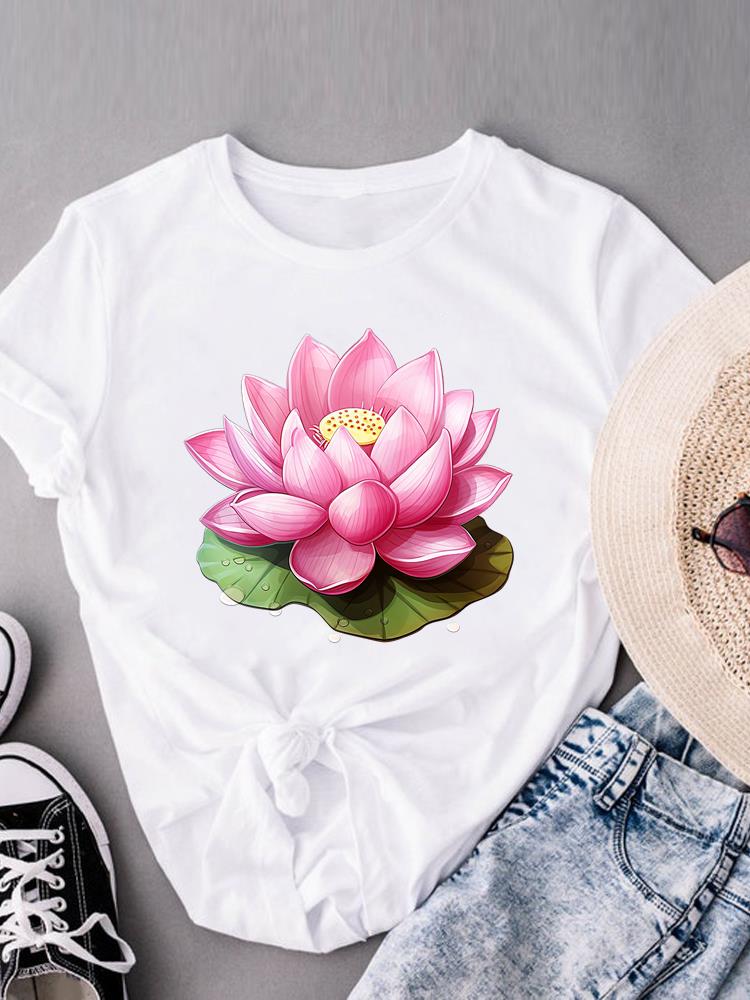 (Азиатский размер) Футболки с коротким рукавом с милым цветком, футболка с модным принтом для женщин, повседневная женская футболка с графическим принтом