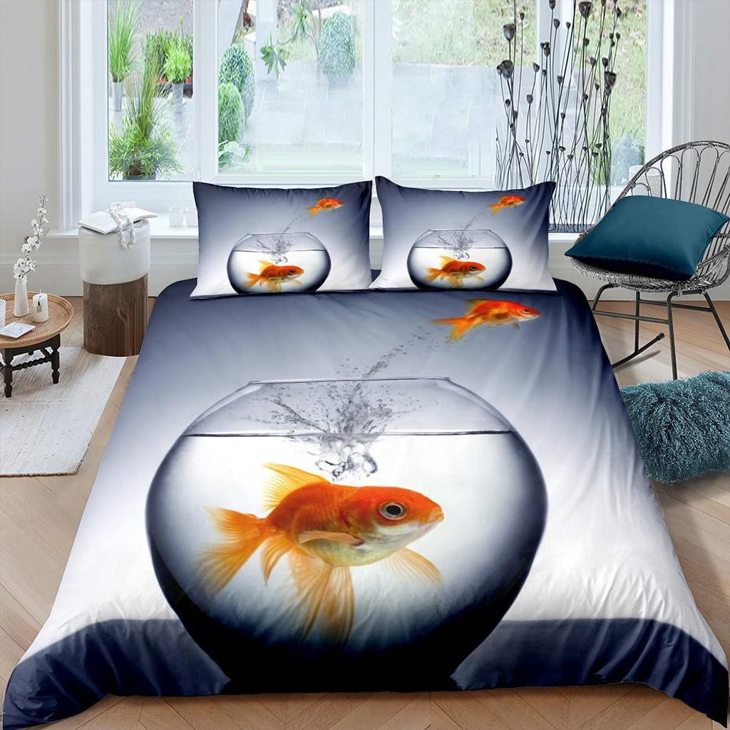 Goldfish Duvet Cover King/Queen Size Golden Red 3D Animal Bedding Set For Kid Teen Adult,Fish Themed Quilt Cover With Pillowcase