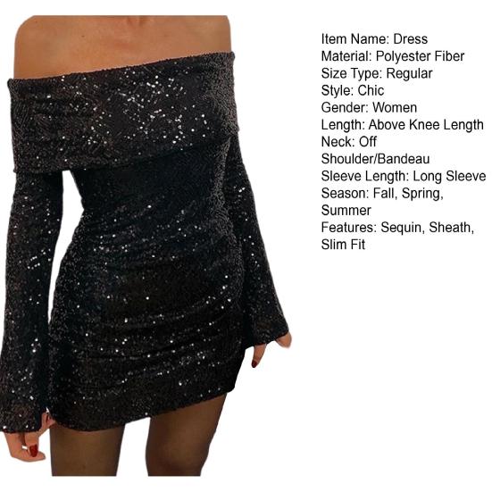 Women Evening Dress Off Shoulder Bandeau Slim Fit Sheath Shiny Sequin Long Sleeves Prom Party Mini Dress Star Celebrity Short Dress