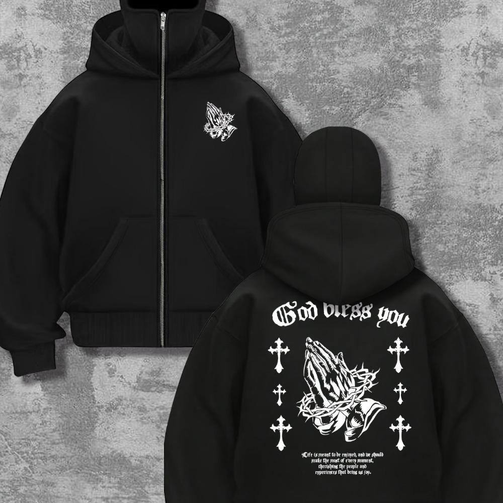 Двойная шапка, двойной воротник Мужская и женская модная толстовка с капюшоном в уличном стиле с принтом в виде молнии