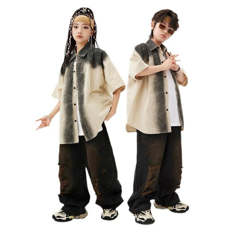 Kids Hip Hop Dance Outfit Set Boy Girl Streetwear Performance Costume Cotton Shirt Pants Vest Hat Necklace