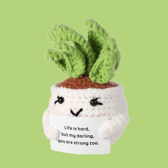 Crocheted Doll Cactus Succulent Doll with Cheer-up Card Tabletop Ornament Positive Crochet Figurine