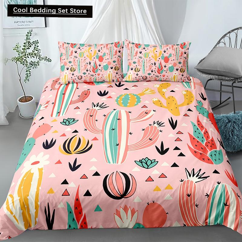 Пододеяльник Cactus King Queen Набор постельного белья с суккулентами для детей, подростков, взрослых Зеленый Ботанический с цветами 2/3 предмета Полиэстеровый пододеяльник