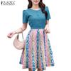 Women Casual Round Neck Short Sleeve Print Patchwork Dress