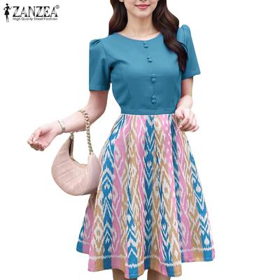 Женское повседневное платье с круглым вырезом, коротким рукавом, принтом и пэчворком