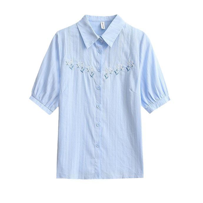 Женская модная рубашка из чистого хлопка с вышивкой, с коротким рукавом - Лето 2024