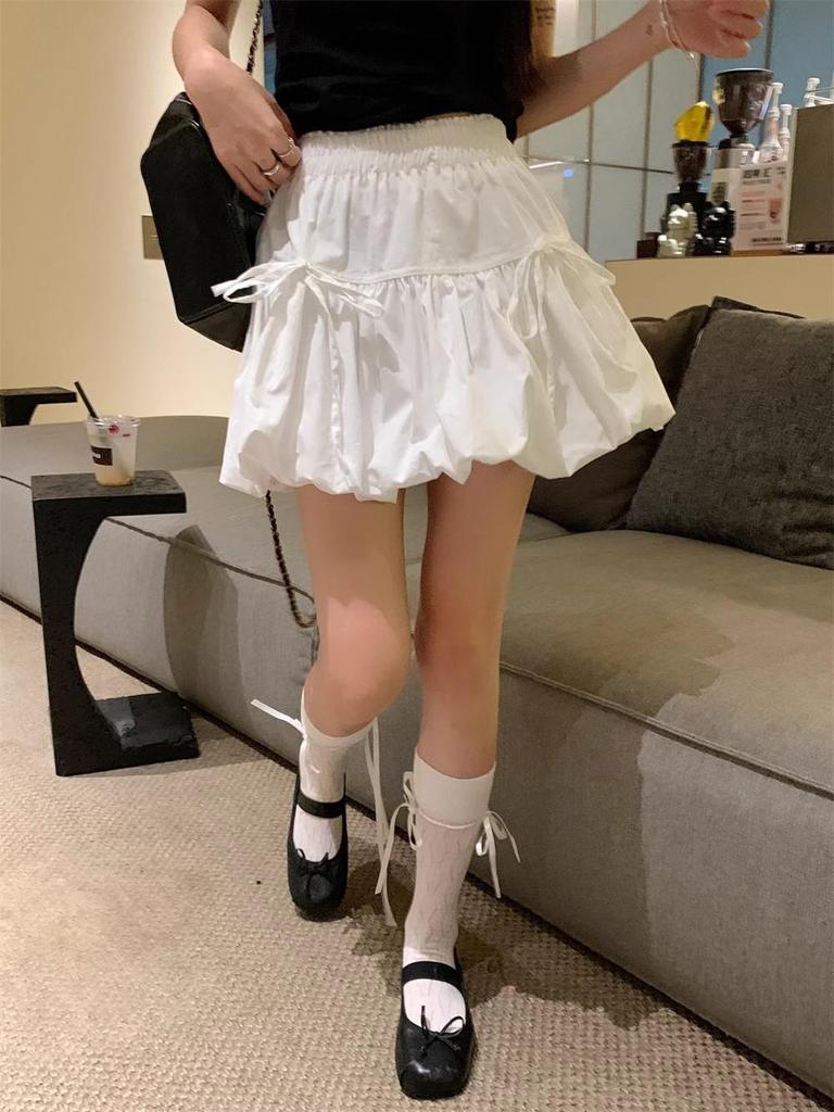 Women's Summer White A-Line Bow Tie Puff Tulip Midi Skirt
