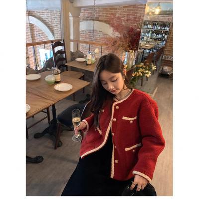 Красное Маленькое Ароматное Ветрозащитное Толстое Пальто Женское Новое Маленькое Дизайнерское Осенне-Зимнее Короткое Пальто