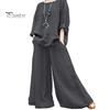 2 Pcs/Set Women Top Pants Set Round Neck Retro Long Sleeves Blouse Wide Leg Elastic Waist Trousers Daily Leisure Loose Outfit