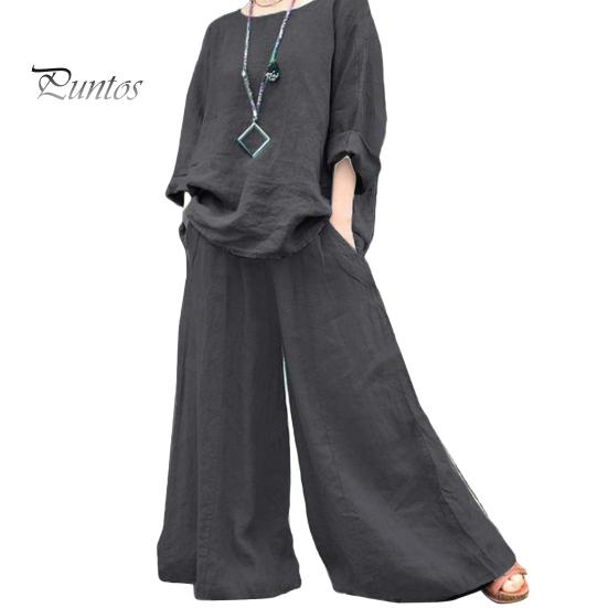 2 Pcs/Set Women Top Pants Set Round Neck Retro Long Sleeves Blouse Wide Leg Elastic Waist Trousers Daily Leisure Loose Outfit