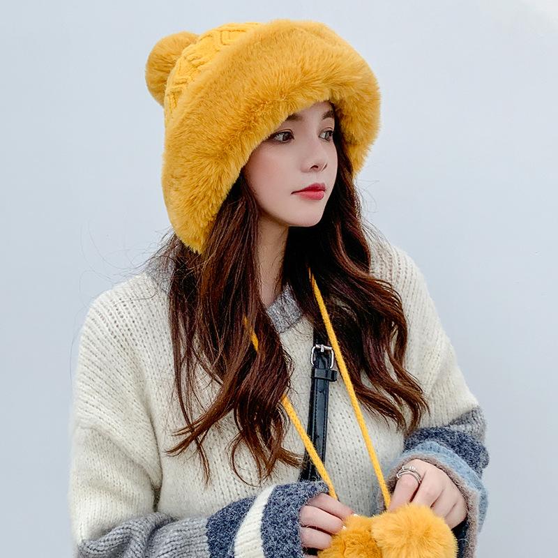 Women's Cashmere Hat Three Wool Balls Autumn Winter Cap Cute Fleece Thickened Warm Solid Knitted Hats