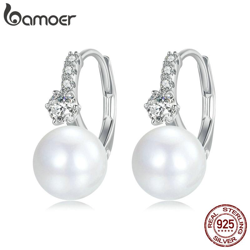 BAMOER, стерлинговое серебро 925 пробы, элегантное качество, жемчужные пряжки для ушей, кубический цирконий для женщин, вечерние ювелирные украшения