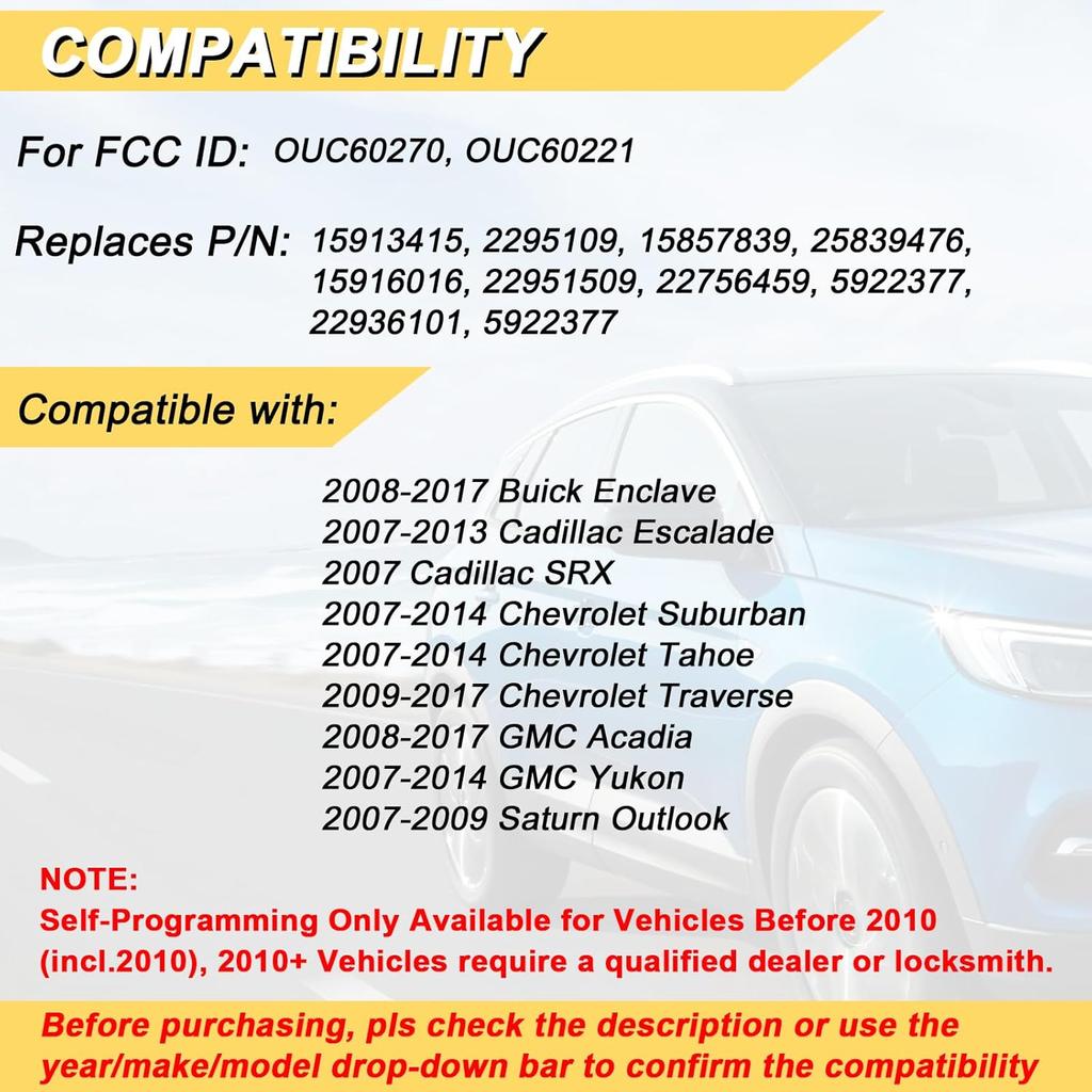 Key Fob Replacement for 07-14 Chevy Suburban Tahoe/ 09-17 Traverse/ 07-14 GMC Yukon/ 08-17 Acadia Buick Enclave/ 07-13 Escalade Car Keyless Entry