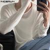 INCERUN Весенние мужские полые топы с длинными рукавами, повседневные прозрачные вязаные пуловеры