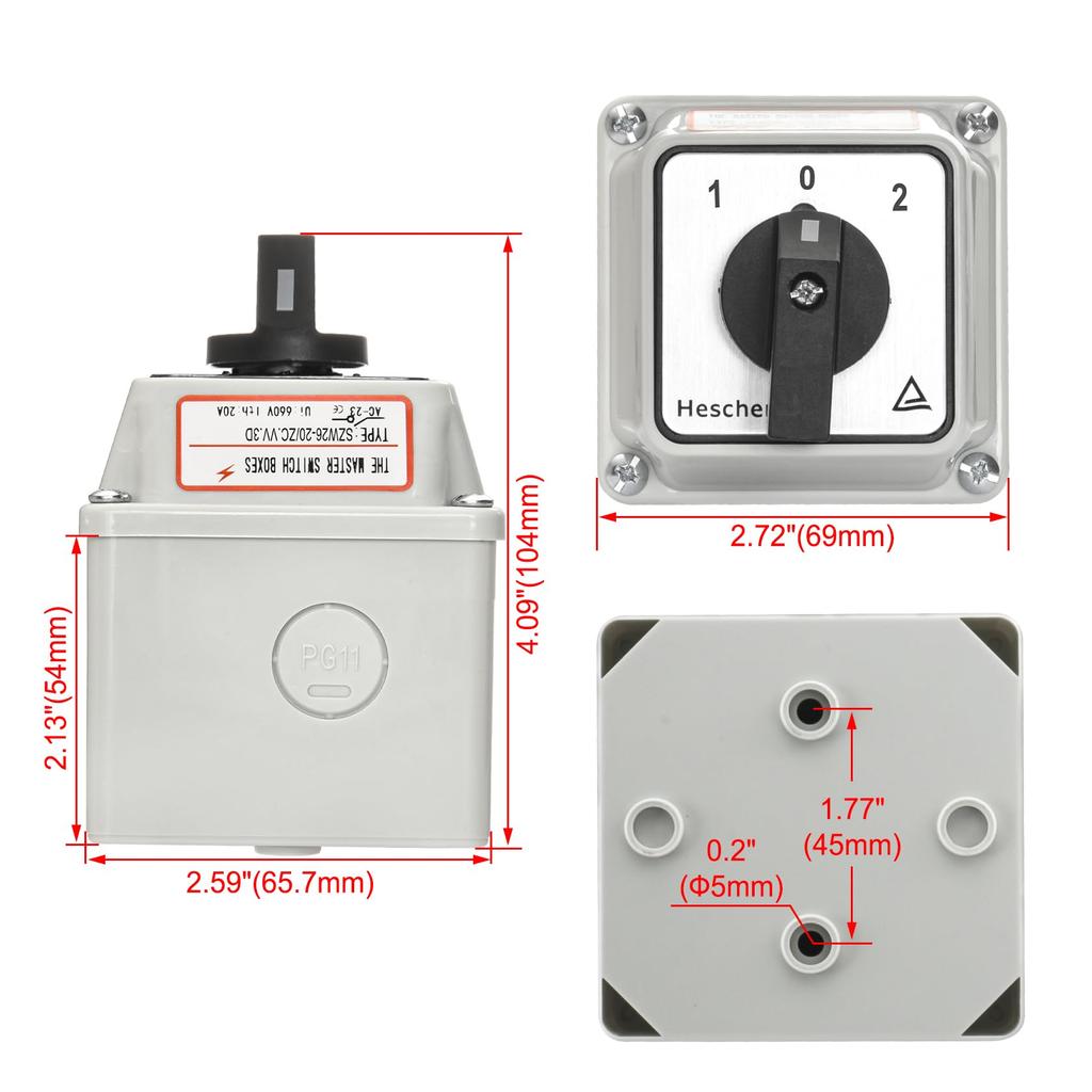 Heschen Universal Rotary Cam Selector 660V 12 CE with Master Switch Enclosure Switch, SZW26-20/ZC.VV.3D, 20A, ON-OFF-ON 3-Position, 3-Phase,