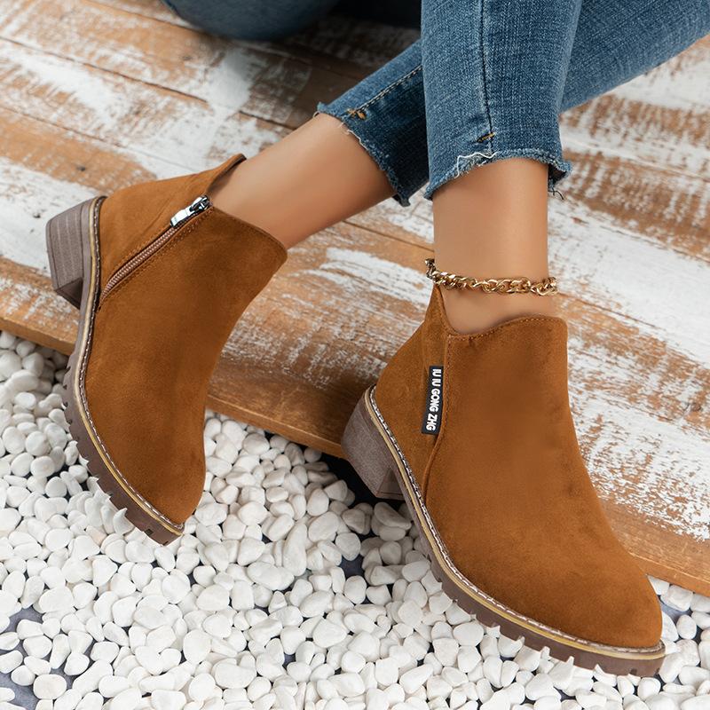 Модные короткие сапоги до щиколотки на среднем каблуке в стиле ретро для женщин, на толстом каблуке, на плоской подошве, с боковой молнией, простые, удобные, повседневные женские туфли