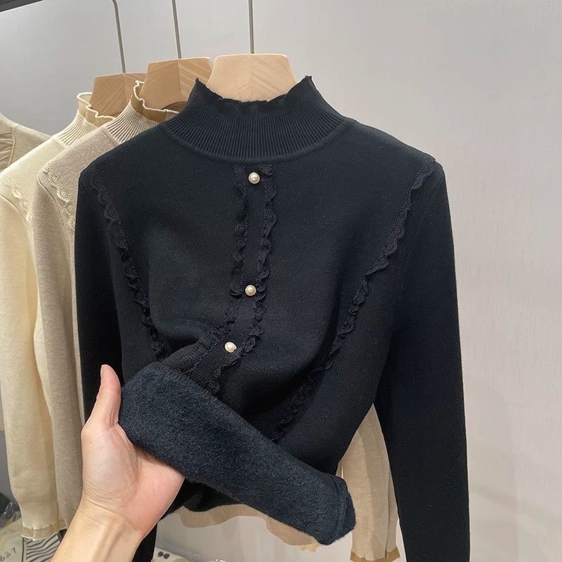 Женский полувысокий бархатный свитер осень-зима кружевной утолщенный трикотажный пуловер модный длинный рукав джемпер трикотажные топы
