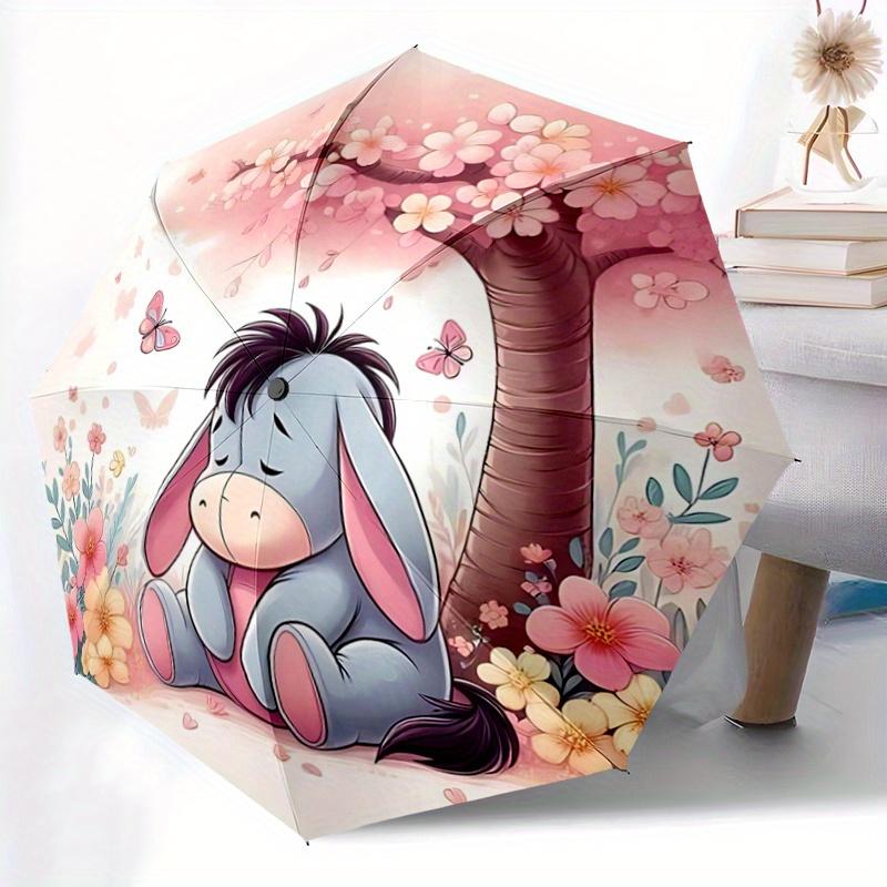 1pc Cherry Blossoms Butterflies Eeyore's Pattern Beautiful Looking Automatic Folding Umbrella, 3 Folding, 8 Iron Frame Design, Durable and S