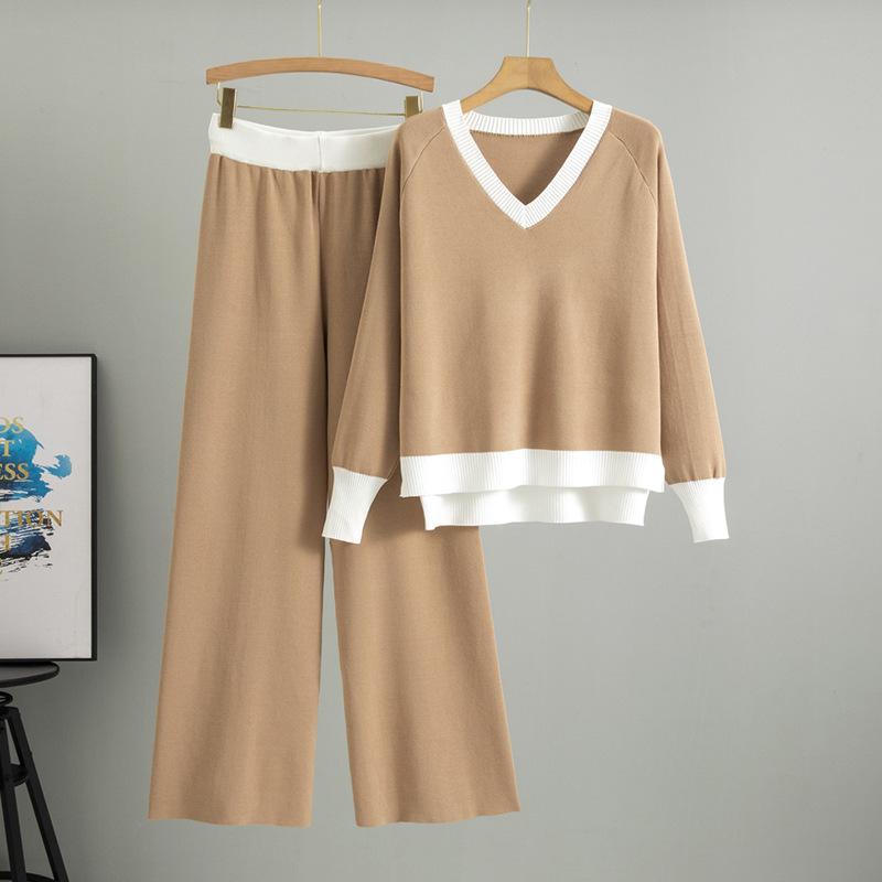 Плюс Размер Женская Весенняя Мода Новый Свободный Повседневный Свитер Комплект Из Двух Частей