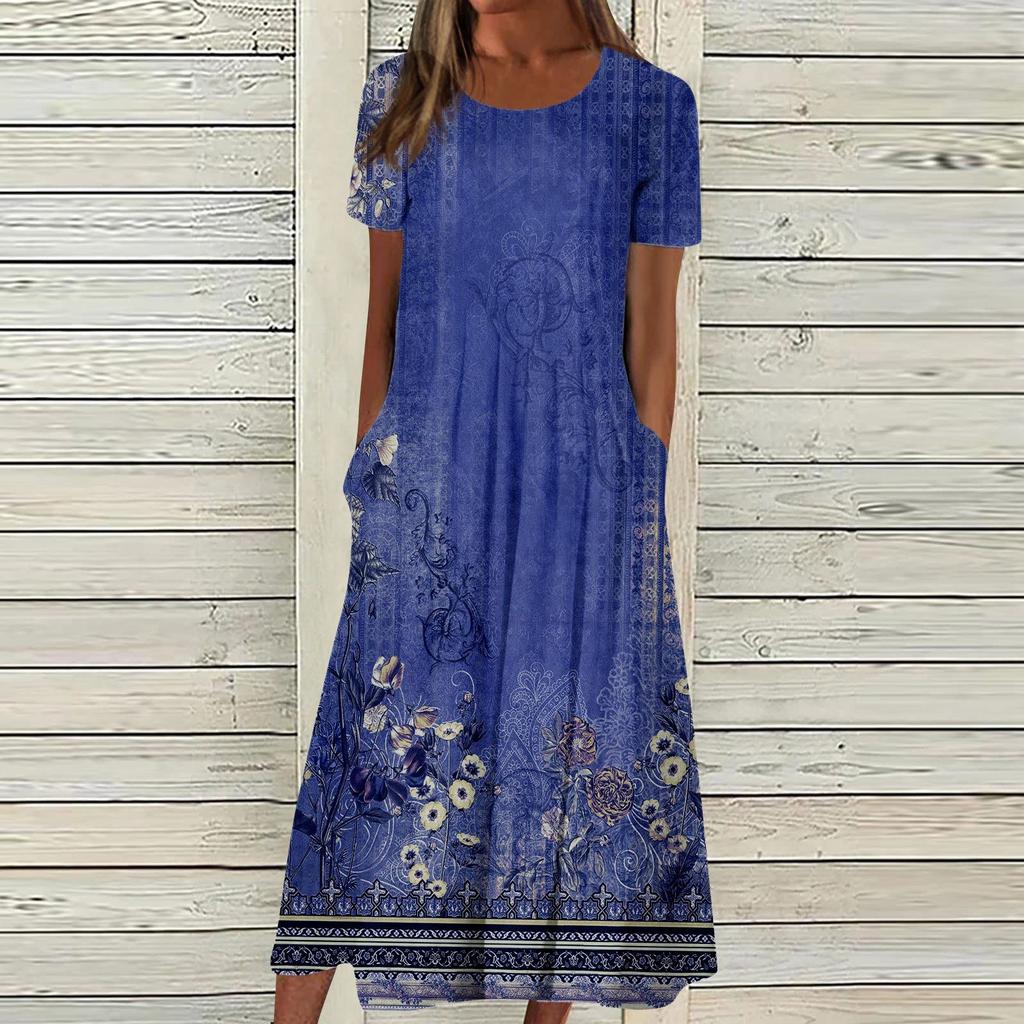 Женское летнее повседневное модное платье с коротким рукавом и карманом с круглым вырезом