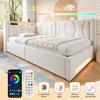 Upholstered Bed 90x200 cm with Storage, LED Lighting on Headboard and Footboard, USB and Type-C, Hydraulic Bed Box, Slatted Frame, Single Bed, Beige