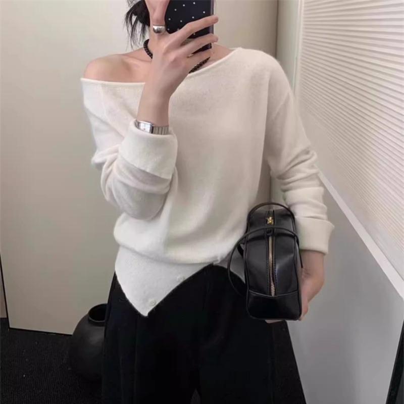 Элегантный Свободный Вязаный Пуловер с Покатым Плечом в Полоску Повседневный Нежный Осенний Женский Модный Топ с Длинным Рукавом Свободный Повседневный Офисный Тонкий