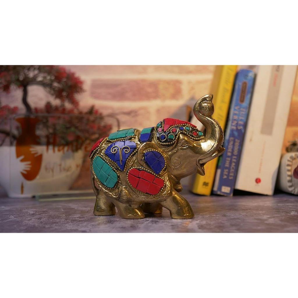 Последняя латунная статуэтка Махараджа Слон с драгоценными камнями - 4 дюйма