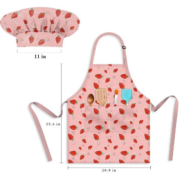 Kids Chef Hat and Apron, Adjustable Kids Aprons with Pocket Girls Boys Kitchen Toddler Aprons for Cooking Baking