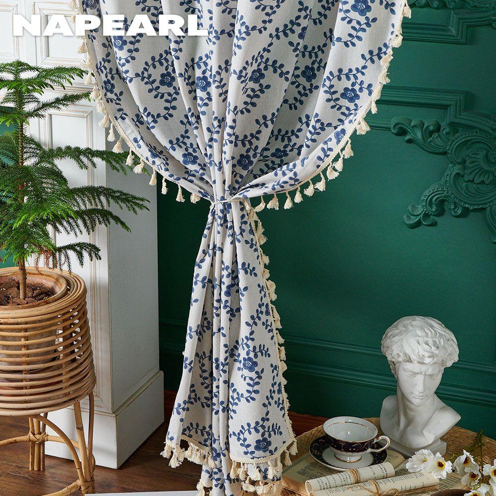 1PC NAPEARL Chinese Style White Tassel Plum Blossom Printed Semi Blackout Curtains and Partition Curtains for Small Windows Balcony Home Decor