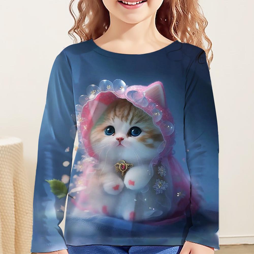 Одежда для девочек Футболка с котами Футболки с длинным рукавом Футболки с девчачьим принтом Топы Детская одежда Модная принтовая летняя одежда для девочек