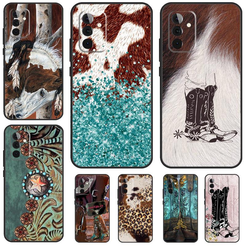 Western Cowgirl Cowboy Boots Cowhide Case For Samsung Galaxy A54 A14 A34 A24 A53 A33 A13 A52 A32 A22 A12 A71 A51 A25 A15 Cover