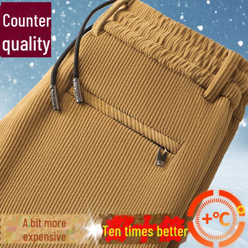 Мужские деловые брюки осень/зима из вельвета с эластичной резинкой на талии — плотные, теплые, плюс бархат, прямого кроя