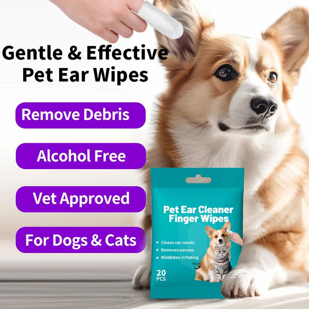 Pet Ear Cleaning Finger Wipes 20 Pcs, Dog Ear Cleaner, Grooming Kit For Dogs And Cats, Soft And Easy To Use Ear Cleaning Pads, Cleans Pet Earwax, Dirt