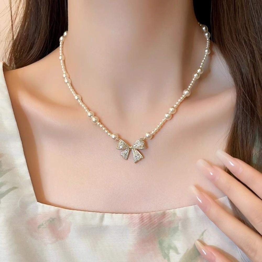 Pearl Silver Bowknot Necklace Pendant Simple Pendant Chain Temperament Bow Necklace Pendant Daily