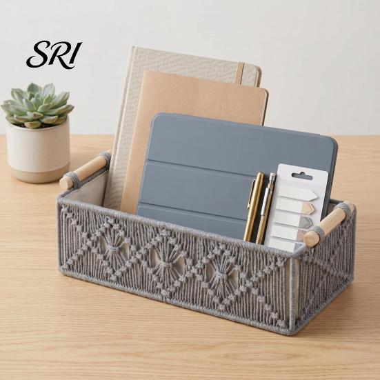 Neat Countertop Storage Box with Wooden Handles Large Capacity Basket Sturdy Frame Organizer Woven Design for Cosmetics And Sundries Space-saving