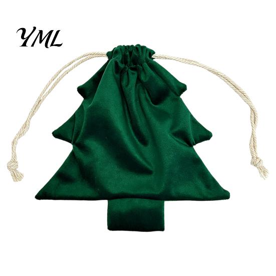 Reusable Fabric Gift Wraps Christmas Tree Shaped Bag, Drawstring Treat Goody Bags with Pompoms Decorative Xmas Accessories Bells, Winter Present