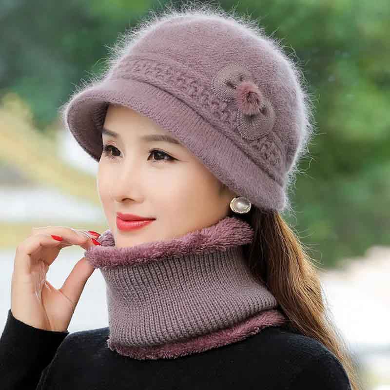 Middle-aged and Elderly Hats Ladies Autumn and Winter Rabbit Fur Knitted Woolen Hats Elderly Grandma Warm Hats Winter Mother Hats Women
