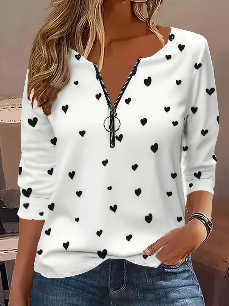 Plus Size Women's Blouse Print Love Print Round Neck Zip Fashion Casual Long Sleeve Top
