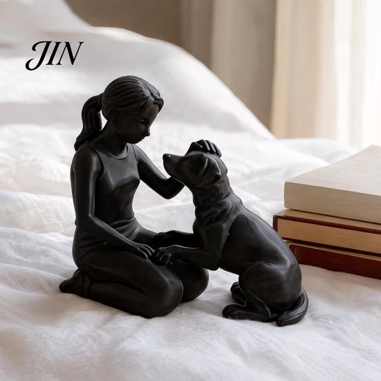 Unique Handcrafted Pet Keepsake 3D Printed Girl with Dog Figurine, Minimalist Squatting Sculpture for Home Emotional Sympathy Gift Decor, Healing