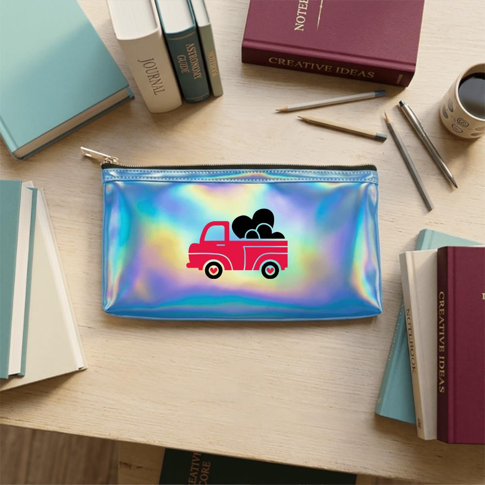 Cute Love Truck Pattern Laser Cosmetic Makeup Bag Holographic Toiletry Pouch,Portable Travel Organizer for Women Girls Gift