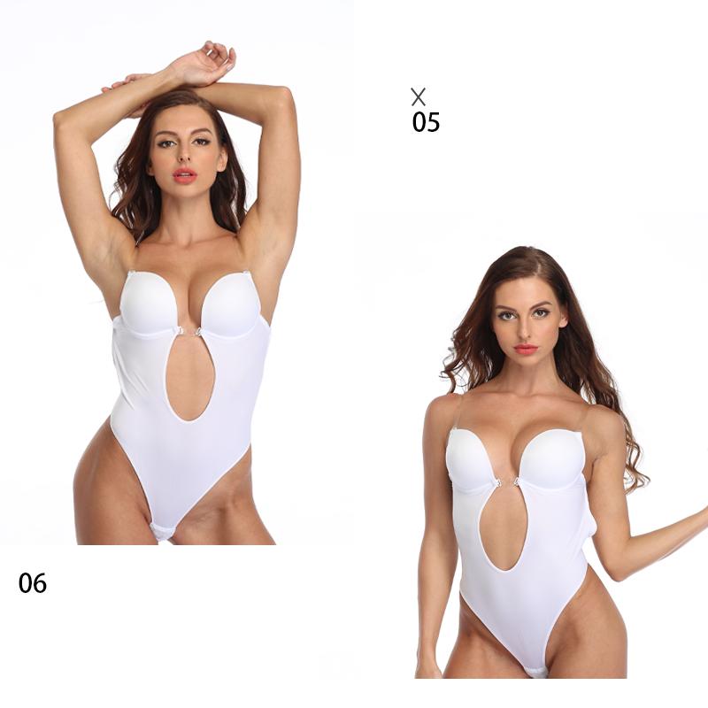 Women Shapewear Deep V-Neck Body Shaper Backless U Plunge Thong Shapers Waist Trainer Women's Clear Strap Padded Push Up Shapewear