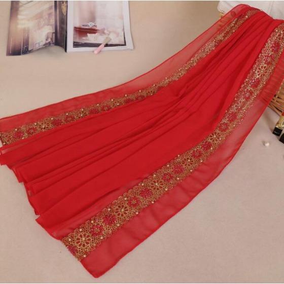 180*85 см Женский Кружевной Шифоновый Шелковый Шарф с Золотыми Бусинами, Блестящий, Цветочный, Однотонный Хиджаб, Мусульманский, Жемчужный, Красивый, 9 Цветов, Шарфы/Платки