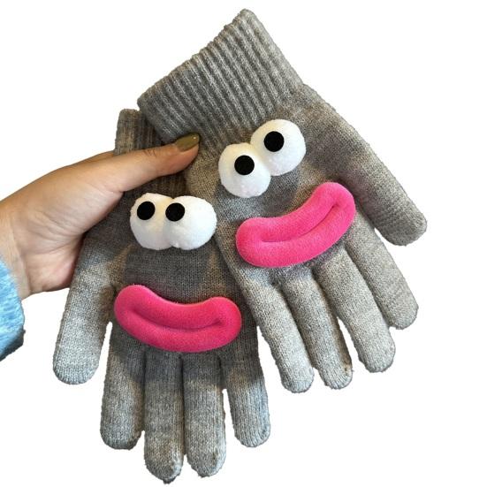 Забавные мультяшные вязаные перчатки, милые перчатки с большими глазами, теплые перчатки, зимние ребристые перчатки с сенсорным экраном для вождения, поездок на работу, езды на велосипеде, повседневных дел