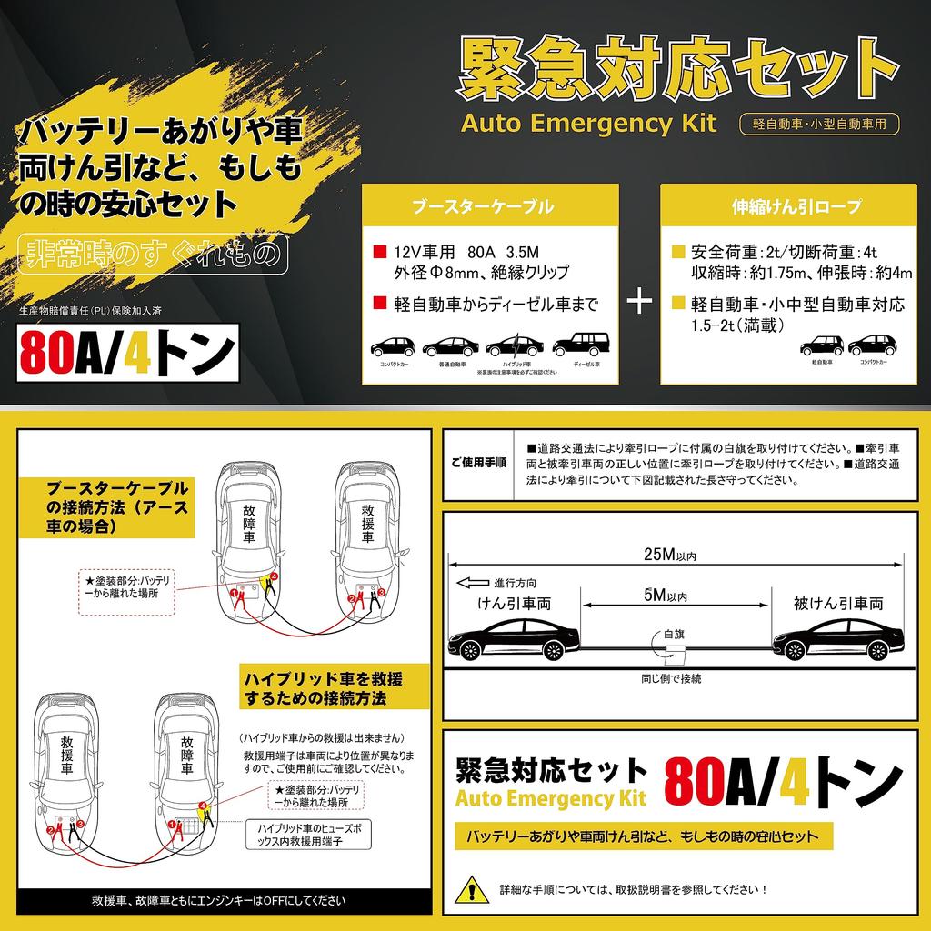 AWELTEC Car Emergency Response Kit Booster 4T Tow White and Removal for 12V and Diesel Vehicles 5-Piece [80A Cable, Rope, Gloves, Flag, Instructions]