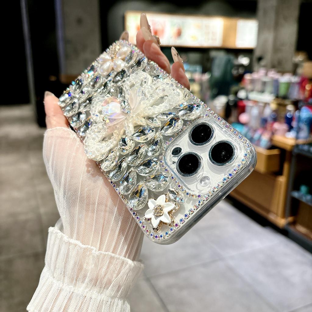 For iPhone 16 Pro Case Glass Rhinestone Decor Butterfly Pattern TPU Phone Back Cover
