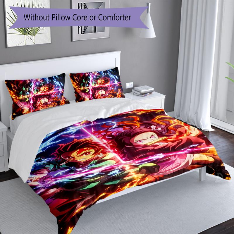 3pcs Demon Slayer characters pattern bedding set duvet cover set includes duvet cover &pillowcases, perfect all season bedroom decoration & gift